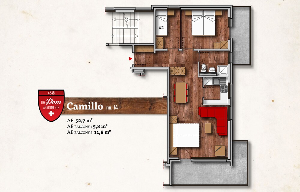 객실 (아파트, 침실 2개 (Camillo 14, cleaning 175 CHF p. stay))