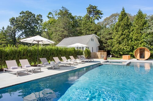 Resort-Style Bellport Estate | Pool/Spa, Sauna, Fire Pit, Game Room | Near Beach