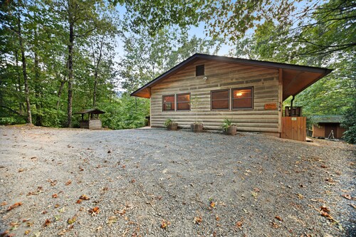 Rustic cabin with deck, picnic table & hot tub - recreation room in basement