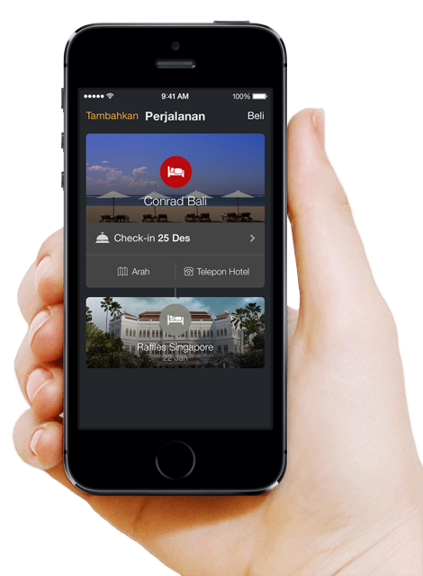 Ponsel menampilkan itinerary di aplikasi