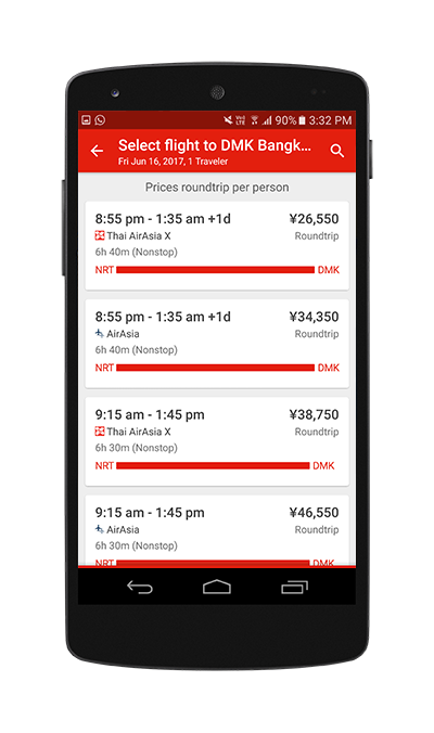 Mobile phone showing flight results on the app