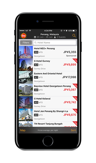 Tablet showing hotel results on the app