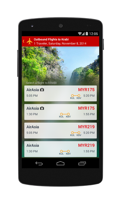 Mobile phone showing flight results on the app