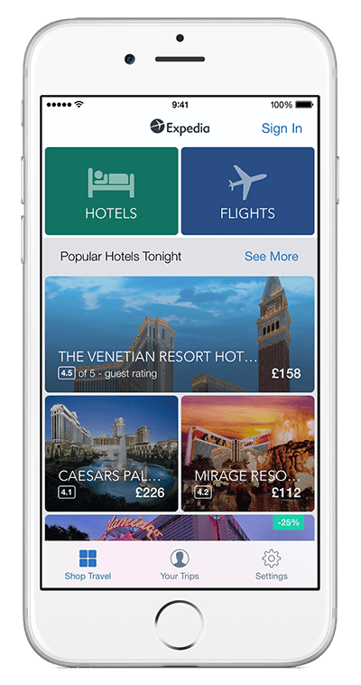 An iPhone showing Expedia app