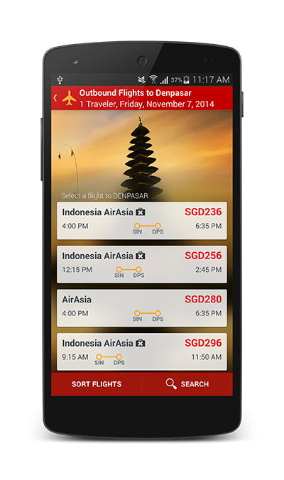Mobile phone showing flight results on the app