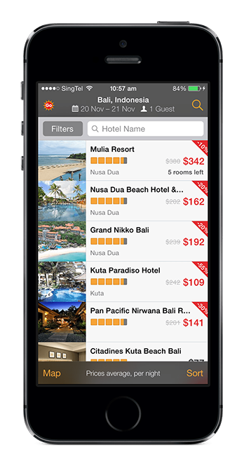 Tablet showing hotel results on the app