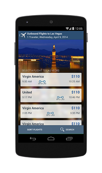 Mobile phone showing flight results on the app