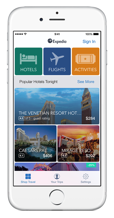 An iPhone showing Expedia app