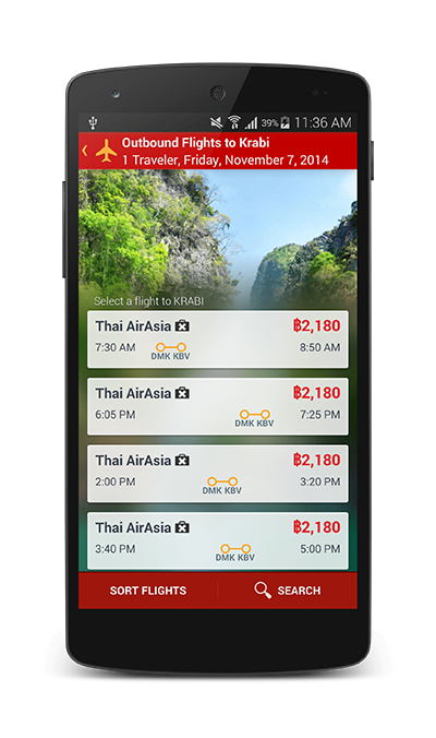 Mobile phone showing flight results on the app