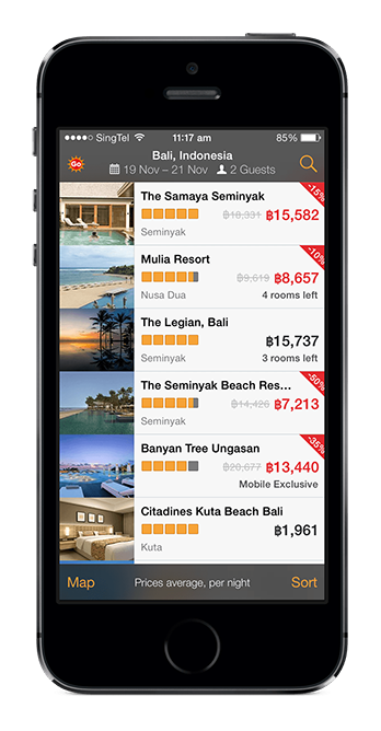 Tablet showing hotel results on the app