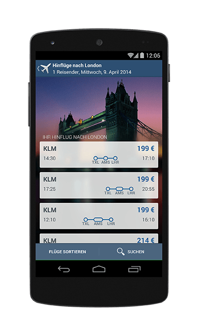 Handy zeigt Flugergebnisse in der App