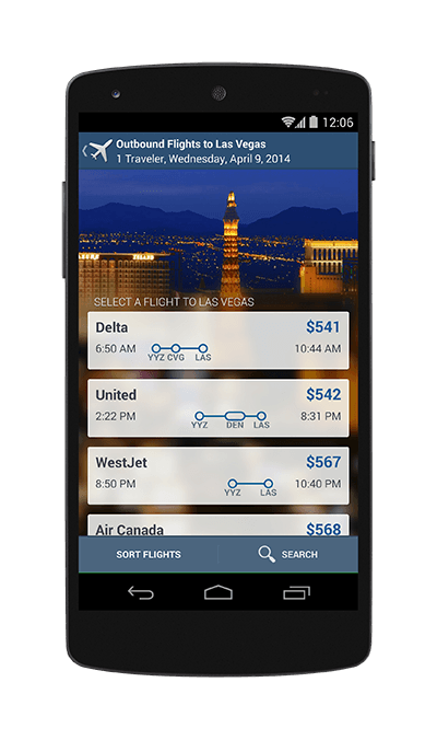 Mobile phone showing flight results on the app