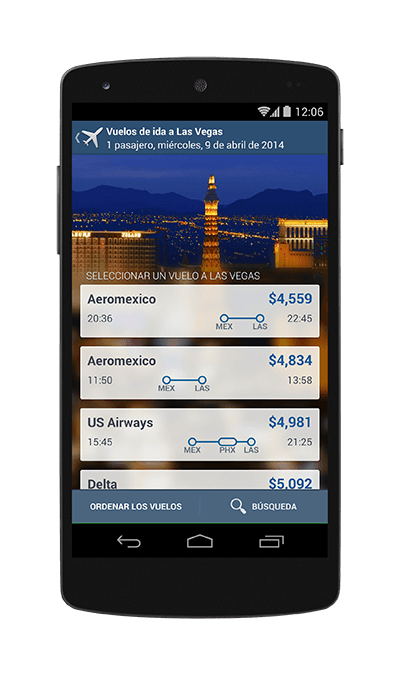 Celular con resultados de vuelos en la aplicación