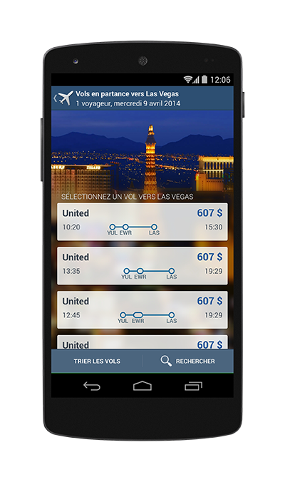 Téléphone cellulaire affichant les résultats d'une recherche de vols dans l'application