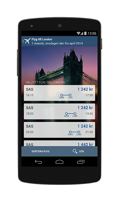 Mobiltelefon som visar flygresultat i appen