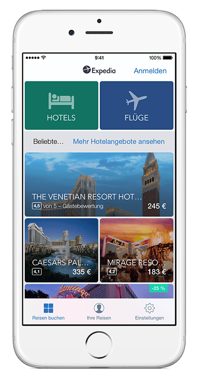 Ein iPhone, das die Expedia-App anzeigt