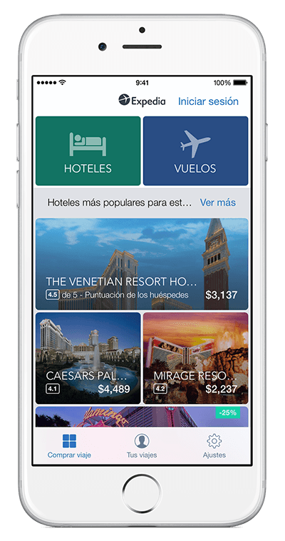 Imagen de la aplicación de Expedia en un iPhone