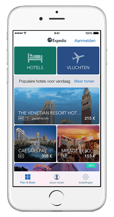 Een iPhone die de Expedia App toont
