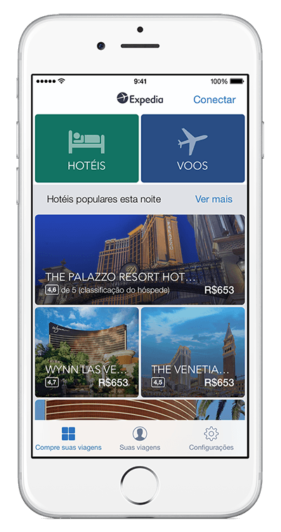 Um dispositivo iPhone mostrando o app da Expedia
