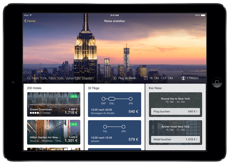 Tablet zeigt Hotelergebnisse in der App