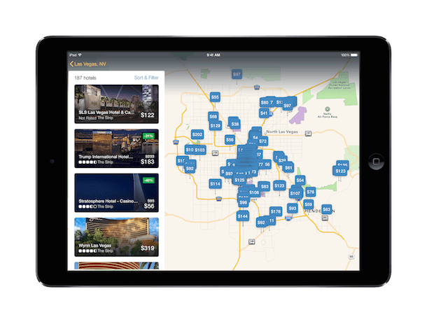 Tablet showing hotel results on the app