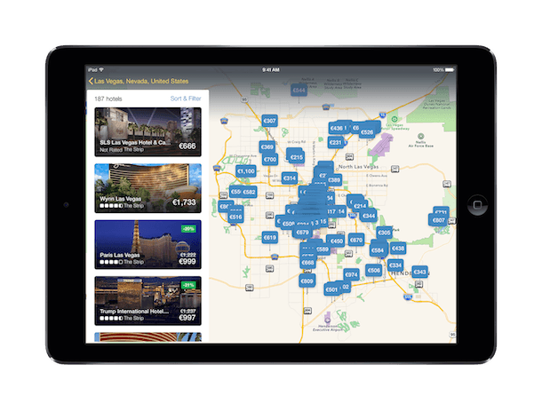 Tablet showing hotel results on the app