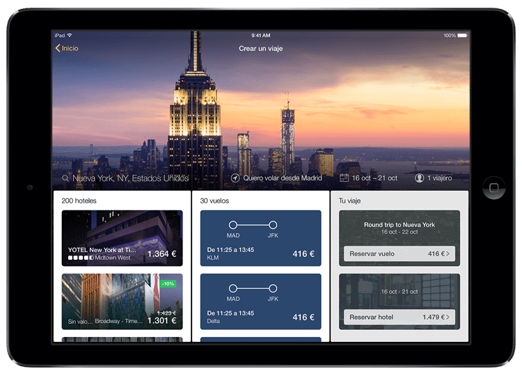 La tableta muestra resultados de hotel en la app