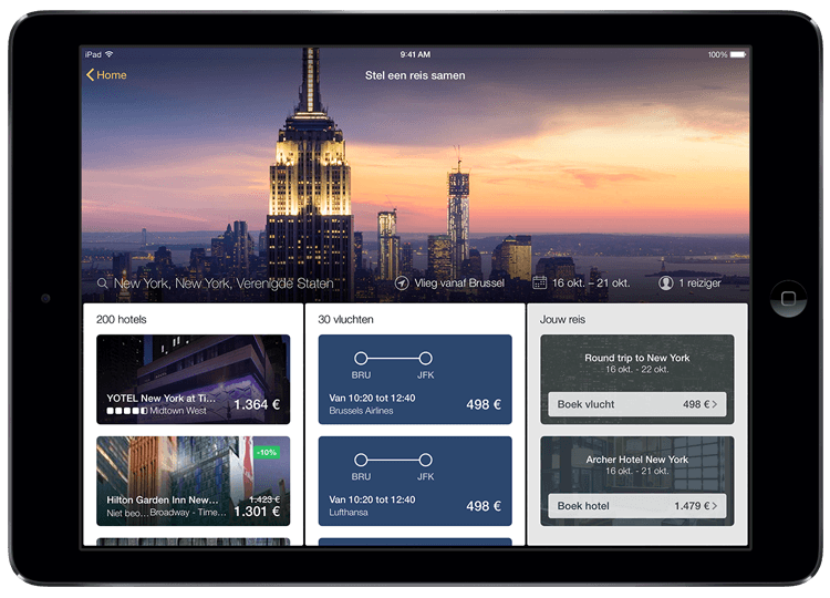 Tablet met hotelresultaten op de app