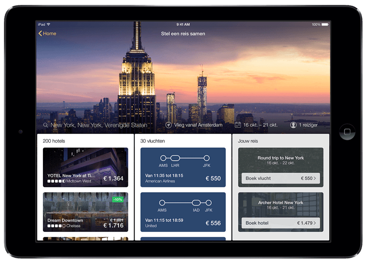 Tablet met hotelresultaten op de app