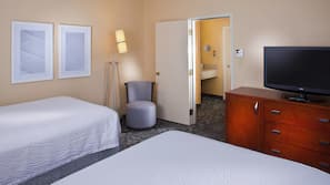 Premium bedding, desk, laptop workspace, iron/ironing board
