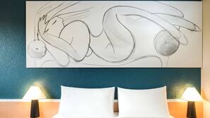 Premium bedding, desk, blackout drapes, iron/ironing board