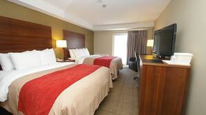 Premium bedding, pillowtop beds, desk, laptop workspace