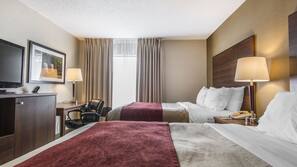 Premium bedding, pillowtop beds, desk, laptop workspace