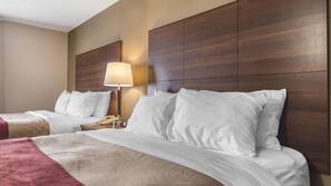Premium bedding, pillowtop beds, desk, laptop workspace