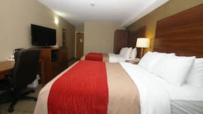 Premium bedding, pillowtop beds, desk, laptop workspace