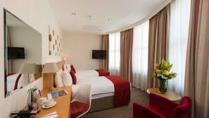In-room safe, desk, laptop workspace, blackout curtains