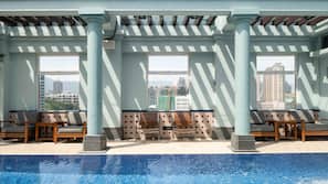 Outdoor pool, open 8 AM to 6:30 PM, pool umbrellas, pool loungers