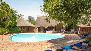 Piscine extérieure, parasols de plage, chaises longues