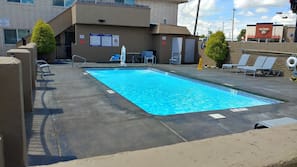Seasonal outdoor pool, sun loungers