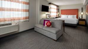 Premium bedding, pillow top beds, desk, laptop workspace