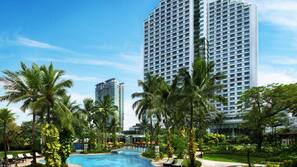 Outdoor pool, pool umbrellas, pool loungers