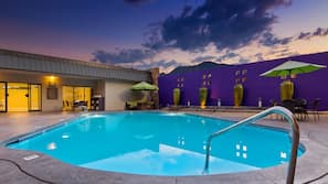 Outdoor pool, pool umbrellas, pool loungers