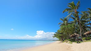 On the beach, free beach cabanas, sun-loungers, beach umbrellas