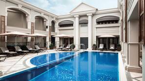 Outdoor pool, pool umbrellas, sun loungers