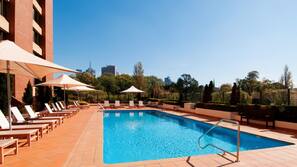Outdoor pool, pool umbrellas, pool loungers