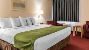 Premium bedding, desk, blackout drapes, iron/ironing board
