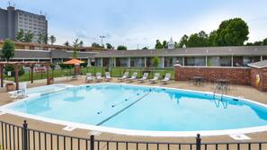Seasonal outdoor pool, open 10:00 AM to 10:00 PM, pool umbrellas