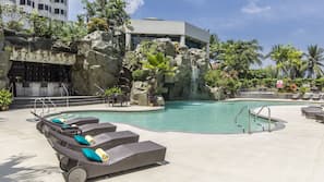 Outdoor pool, pool umbrellas, pool loungers