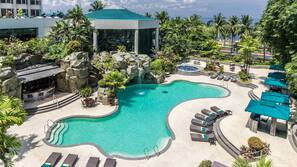 Outdoor pool, pool umbrellas, pool loungers