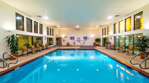 Indoor pool, outdoor pool, open 7 AM to 11 PM, pool umbrellas